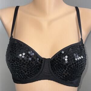 Vintage Victoria’s Secret Sequin Bra 34B Black Shiny Sequins Gold Label Lined